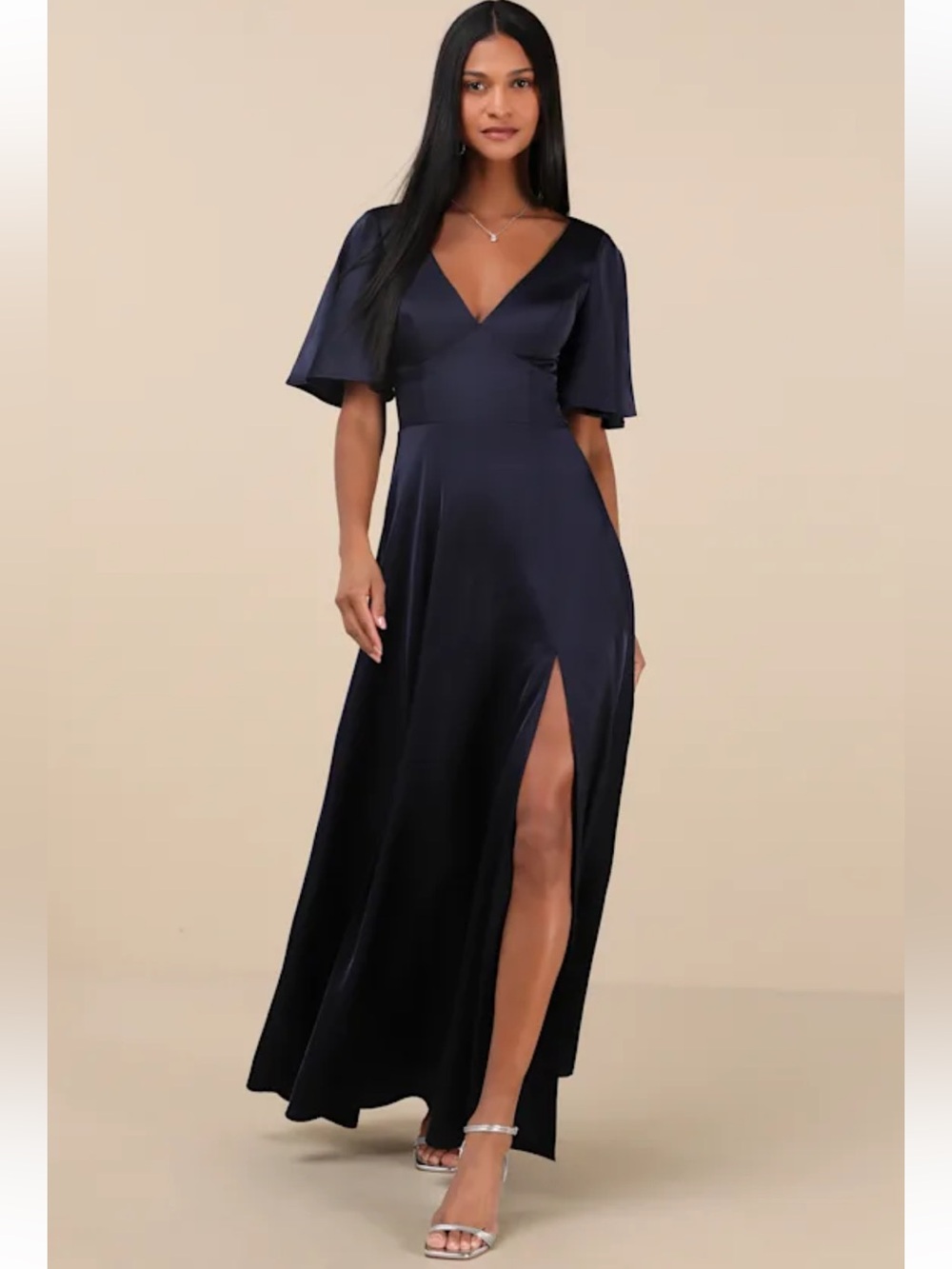 NWOT Lulus Elegant Confidence Navy Satin Flutter Sleeve Cutout Maxi Dress